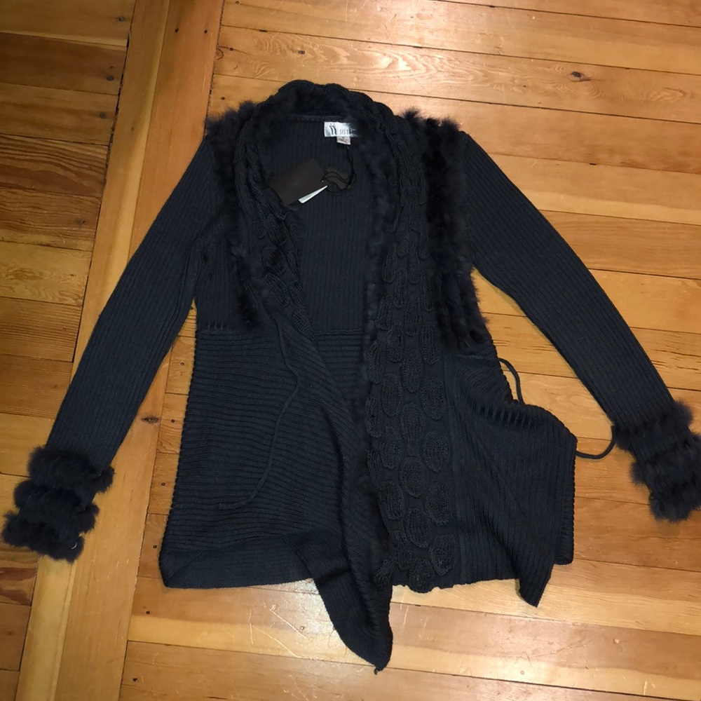 purple grey cardigan sweater with fur